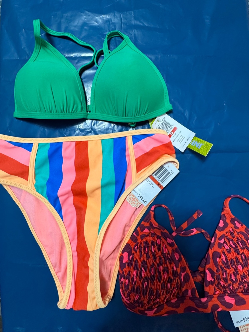 Gianni Bini, Green Bikini Top with M-Color Stripe Bikini Bottoms and Second Top.